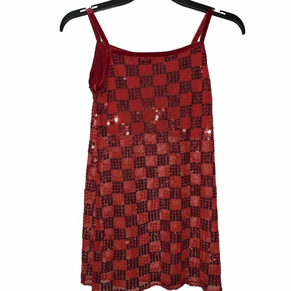Red Sequin Top Wmns Sz Small Checkered‎ Patter Velvet Straps Built In Bra Sheer